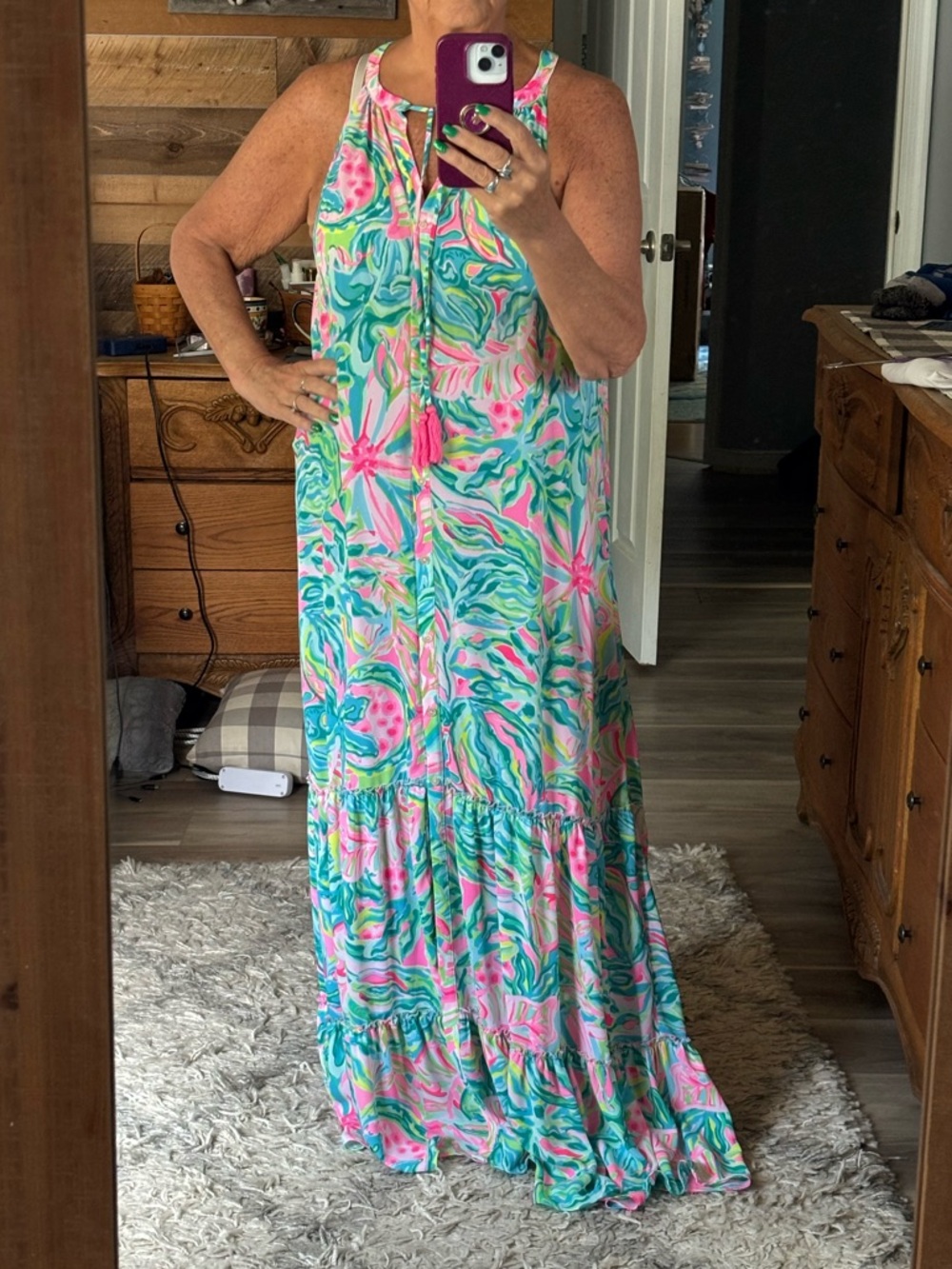 Lilly Pulitzer Vibrant Tropical Print Maxi Dress in Pink & Aqua. Size L